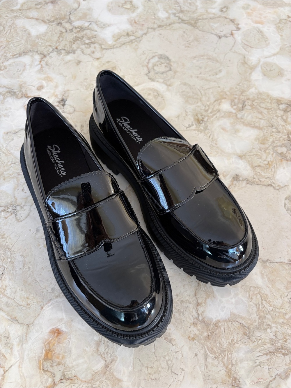 Skechers Women’s Black Patent Loafers – Chunky Lug Sole – Size 8 – Like New